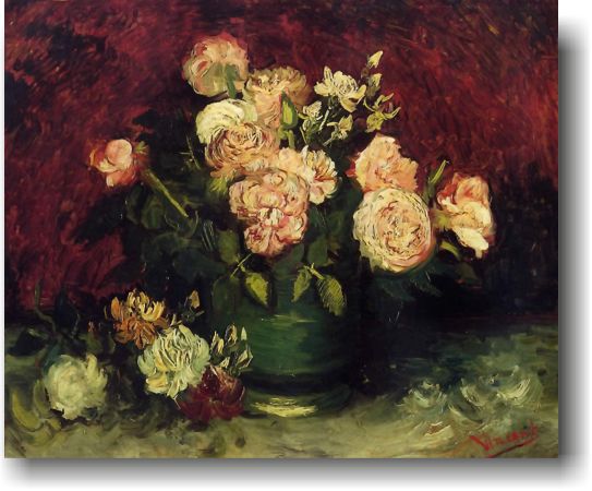 tablou cu flori - vaza cu bujori si trandafiri
